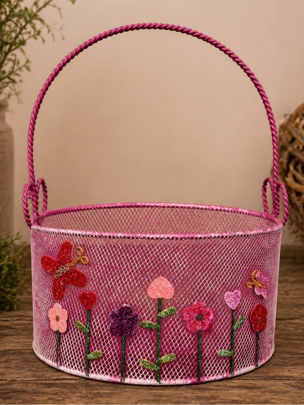 Pink Wire Mesh Basket Glitter Flower Appliqué Spring Easter Decor Handle